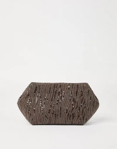 Brunello Cucinelli Sequin-embellished Cotton Linen Clutch In Brown