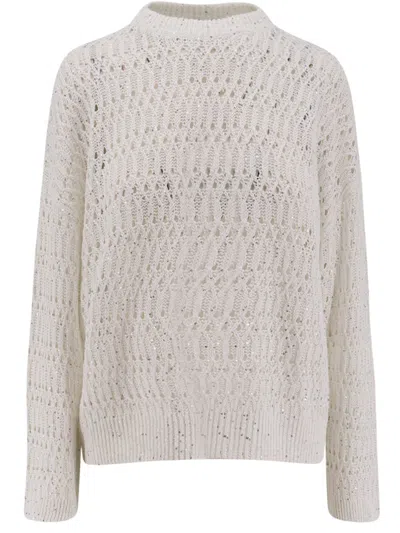 Brunello Cucinelli Sequin-embellished Crochet-knit Linen-blend Sweater In Sand