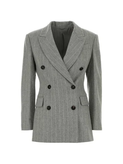 Brunello Cucinelli Stretch Wool Blend Pinstripe Tailored Blazer In Gray