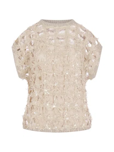 Brunello Cucinelli Sequin-embellished Fringed Top In Neutral