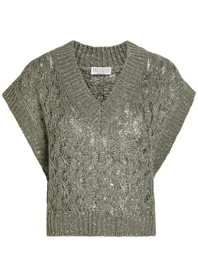 Brunello Cucinelli Sequin-embellished Knitted Silk-blend Vest In Gray