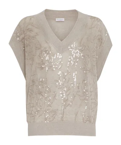 Brunello Cucinelli Sequin-embellished Knitted Vest In Brown