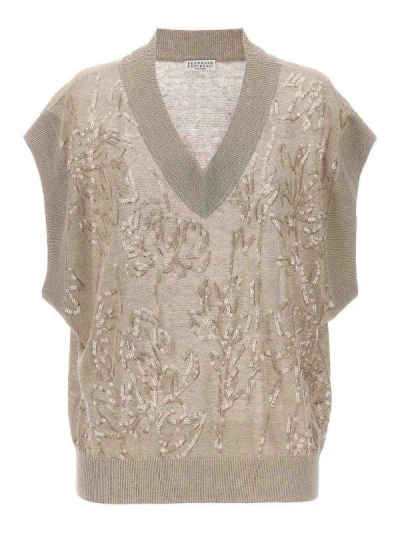 Brunello Cucinelli Sequin-embellished Linen Blend Sweater In Neutral