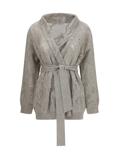 Brunello Cucinelli Sequin-embellished Linen-cotton Cardigan In Gray