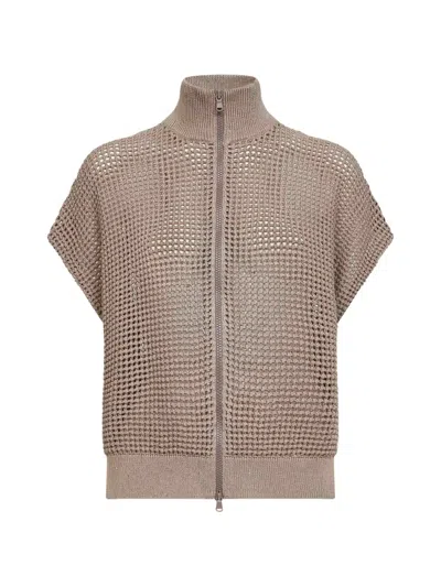 Brunello Cucinelli Beige Net Knit Cardigan With Dazzling Details In Brown