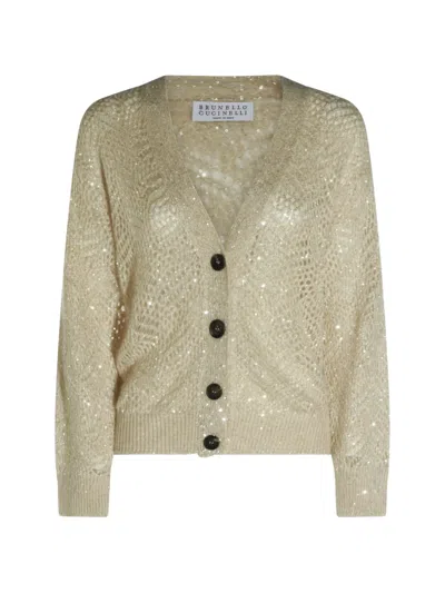 Brunello Cucinelli Sequin-embellished Open-knit Cardigan In Gold