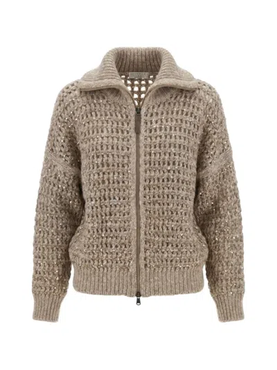 Brunello Cucinelli Collared Long-sleeved Knit Sweater In Neutral