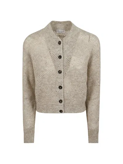 Brunello Cucinelli Sequin-embellished Open-knit Cardigan In Neutral