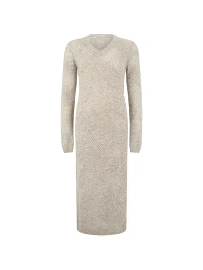 Brunello Cucinelli Sequin-embellished Open-knit Midi Dress In Neutral
