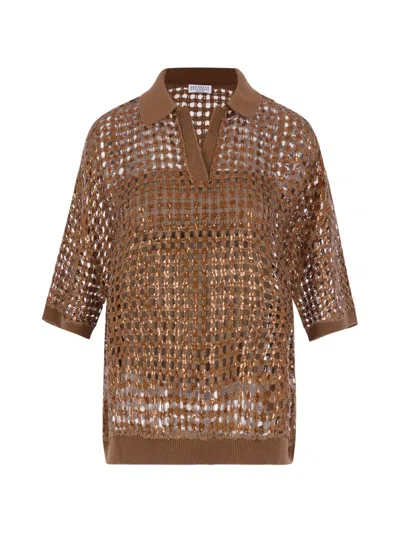 Brunello Cucinelli Sequin-embellished Open-knit Sweater In Brown