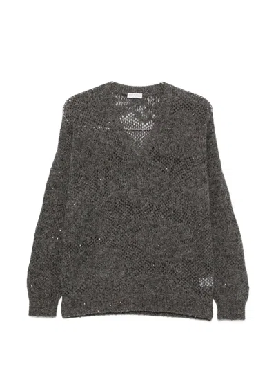 Brunello Cucinelli Sequin-embellished Open-knit Sweater In Brown