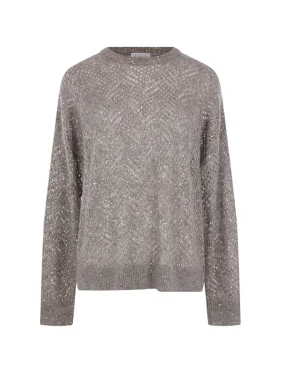 Brunello Cucinelli Sequin-embellished Open-knit Sweater In Gray