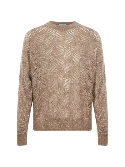 Brunello Cucinelli Sequin-embellished Open-knit Sweater In Neutral