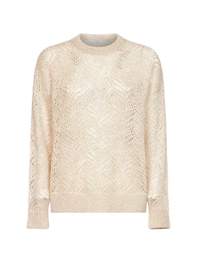 Brunello Cucinelli Sequin-embellished Openwork-knit Sweater In Neutral