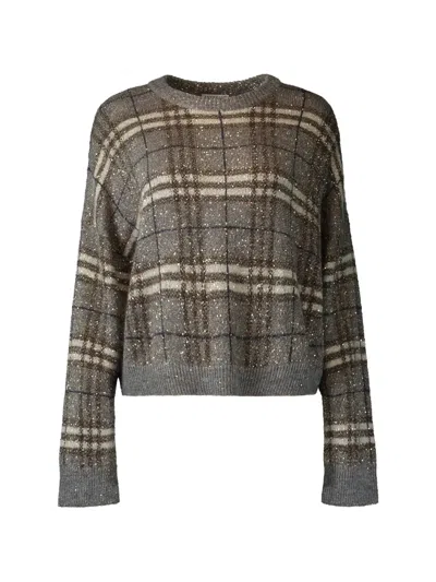 Brunello Cucinelli Sequin-embellished Plaid Sweater In Gray