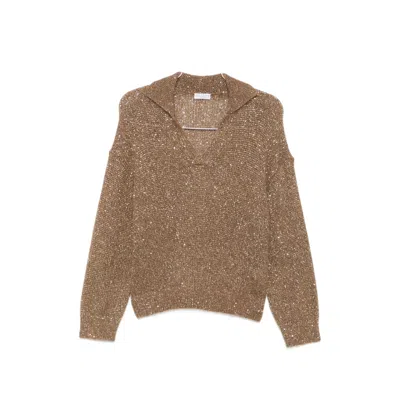 Brunello Cucinelli Sequin-embellished Polo-collar Sweater In Brown