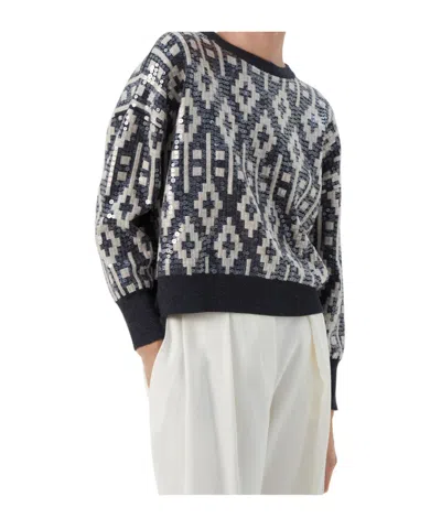Brunello Cucinelli Sequin-embellished Printed Round-neck Sweatshirt In Multi
