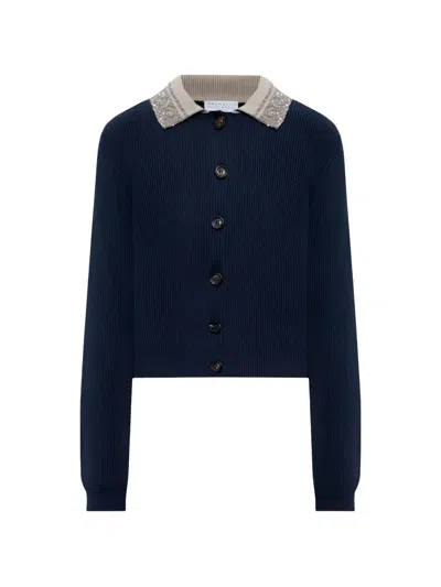 Brunello Cucinelli Sequin-embellished Ribbed Cardigan In Blue