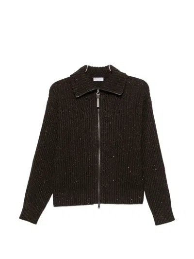 Brunello Cucinelli Sequin-embellished Ribbed Cardigan In Brown