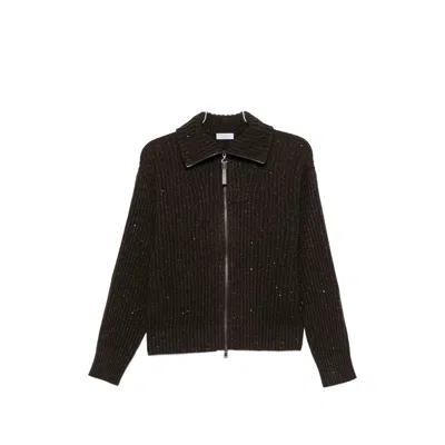 Brunello Cucinelli Sequin-embellished Ribbed Cardigan In Brown