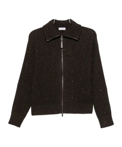 Brunello Cucinelli Sequin-embellished Ribbed Cardigan In Brown