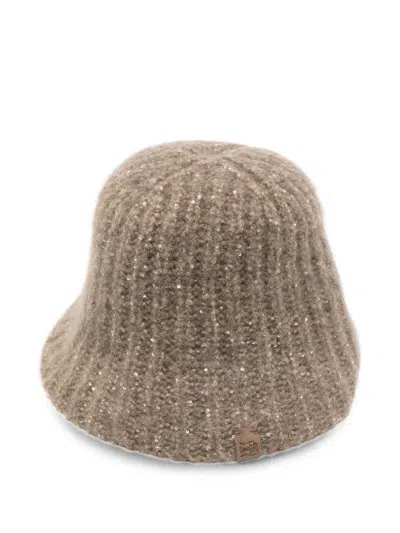 Brunello Cucinelli Sequin-embellished Ribbed-knit Bucket Hat In Nude