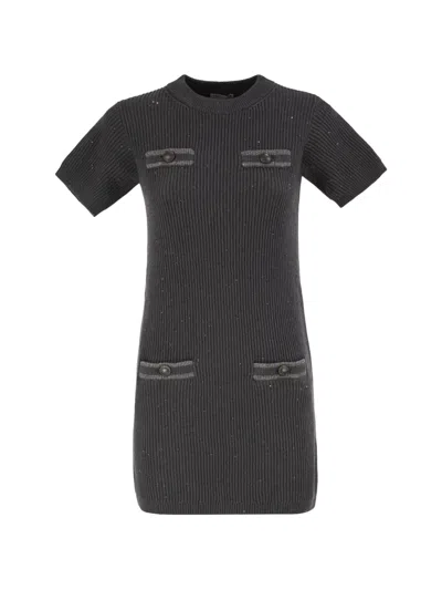 Brunello Cucinelli Ribbed Knit Dress With Sequins And Patch Pockets In Brown