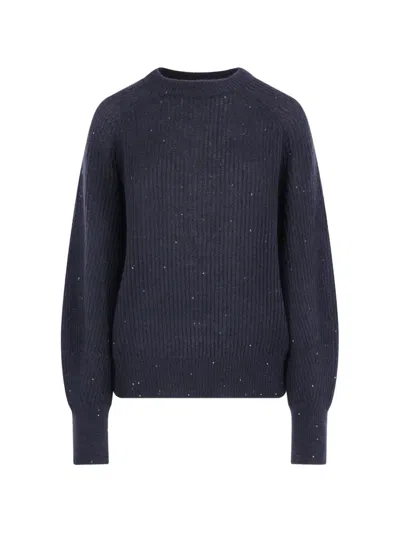 Brunello Cucinelli Sequin-embellished Ribbed-knit Sweater In Blue