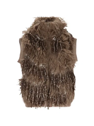 Brunello Cucinelli Sequin-embellished Shaggy Gilet In Brown