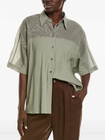 Brunello Cucinelli Sequin-embellished Sheer-panel Shirt In Green