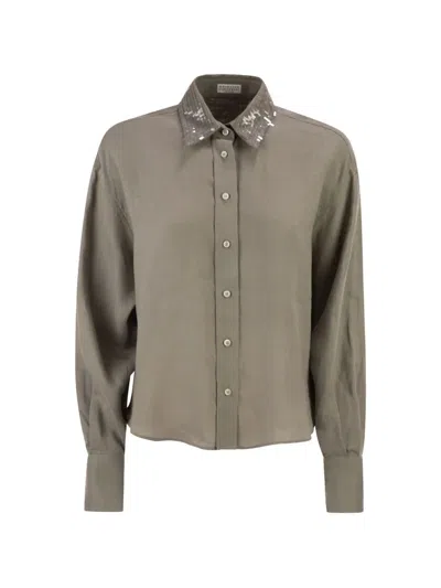 Brunello Cucinelli Women Linen Shirt With Sequin-embroidered Collar In Green