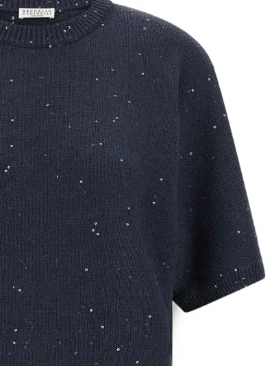 Brunello Cucinelli Sequin-embellished Short-sleeve Sweater In Blue