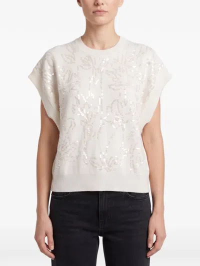Brunello Cucinelli Sequin-embellished Short-sleeve Sweater In Neutral
