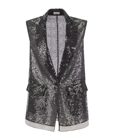 Brunello Cucinelli Sequin-embellished Silk Vest In Black