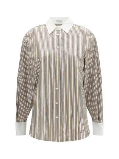 Brunello Cucinelli Sequin-embellished Striped Cotton Shirt In Gray
