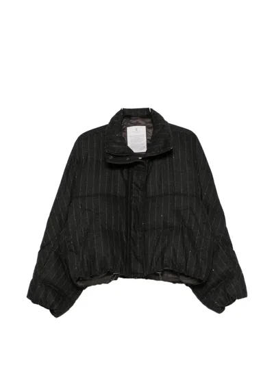 Brunello Cucinelli Anthracite Sequin Pinstriped Wool-blend Puffer Jacket In Black
