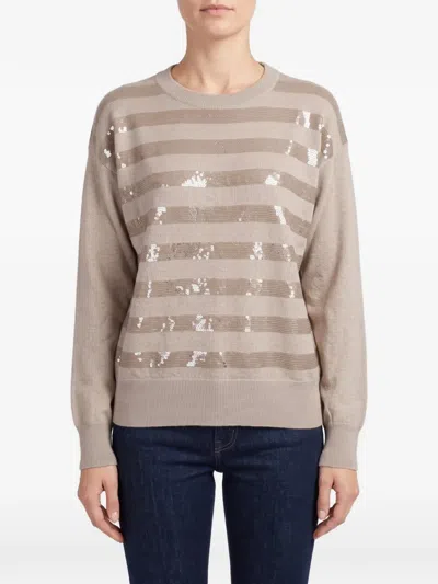 Brunello Cucinelli Sequin-embellished Striped Sweater In Neutral