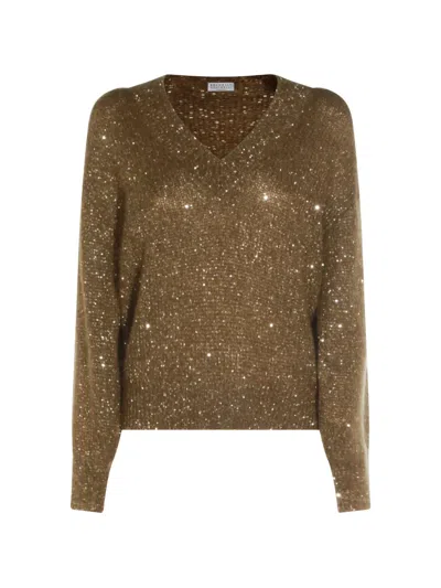 Brunello Cucinelli Sequin-embellished V-neck Sweater In Brown