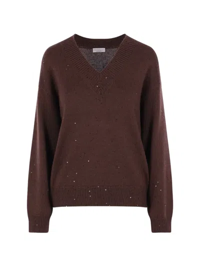 Brunello Cucinelli Sequin-embellished V-neck Sweater In Brown
