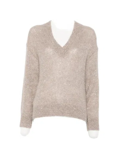 Brunello Cucinelli Sequin-embellished V-neck Sweater In Neutral