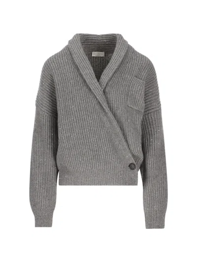 Brunello Cucinelli Cashmere Silk Sequin Embellished Ribbed Wrap Cardigan In Multi