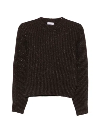 Brunello Cucinelli Sequin Cashmere Wool Ribbed Crew Sweater In Animal Print