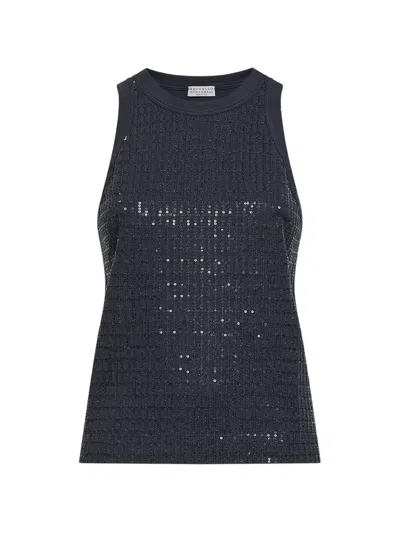 Brunello Cucinelli Sequin-embroidered Racerback Top In Gray
