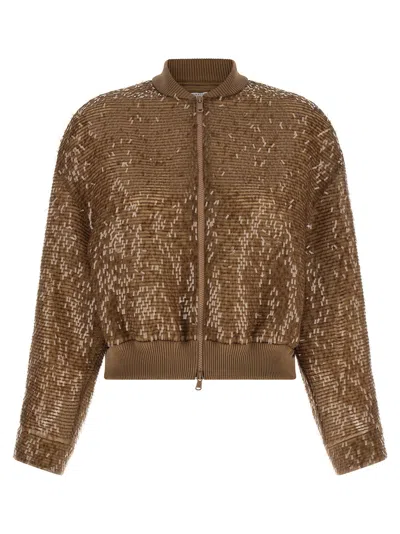 Brunello Cucinelli Sequin-embroidered Silk Cardigan In Camel