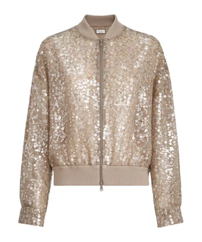 Brunello Cucinelli Sequin-embroidery Bomber Jacket In Brown