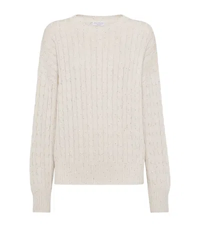 Brunello Cucinelli Sequinned Cable-knit Sweater In Beige