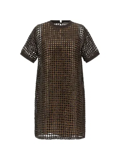 Brunello Cucinelli Mesh Dress Sequin Detail Keyhole Back In Black