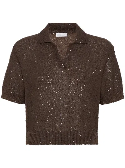 Brunello Cucinelli Sequinned Polo Top In Brown