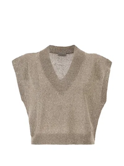 Brunello Cucinelli Women V-neck Top In Linen And Cotton Knit With Sequins In Brown