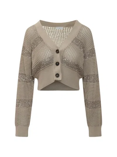 Brunello Cucinelli Sequins Open Knit Cardigan In Neutral